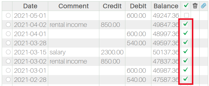 green check mark for reconciled transactions